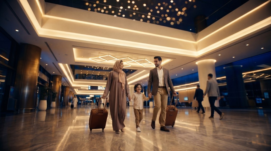 Famille musulmane à l'aéroport, valises à la main, en partance pour le Hajj ou l'Omra — accompagnement Nusuk Alsalam